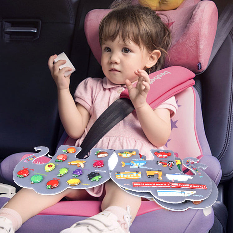 Kids play elephant busy book in car
