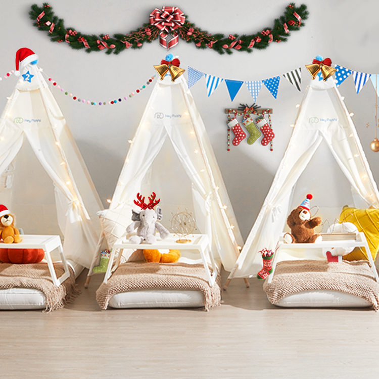 3 white kid's tents with mattresses