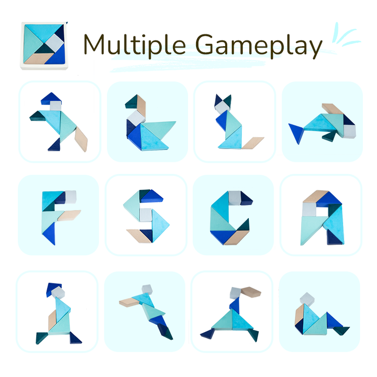 Different shapes and figures created using the Tangram puzzle play couch pieces.