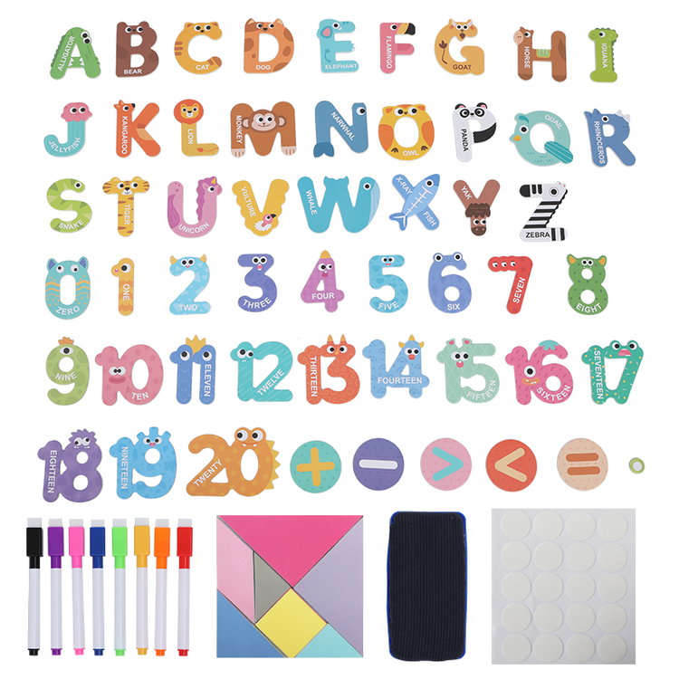 Magnetic Chalkboard with Numbers & Alphabet Magnets, Tangram Puzzle, Chalk Markers and Blackboard Eraser