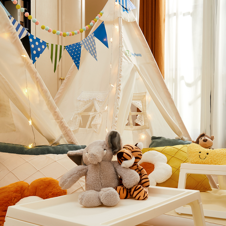 cozy white children's tents and dolls