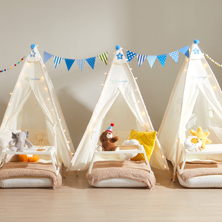 3 white children's tents with starlights