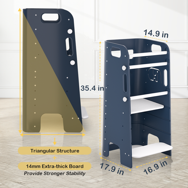 Front and side dimension drawings of Heypappy Toddler Helper Tower