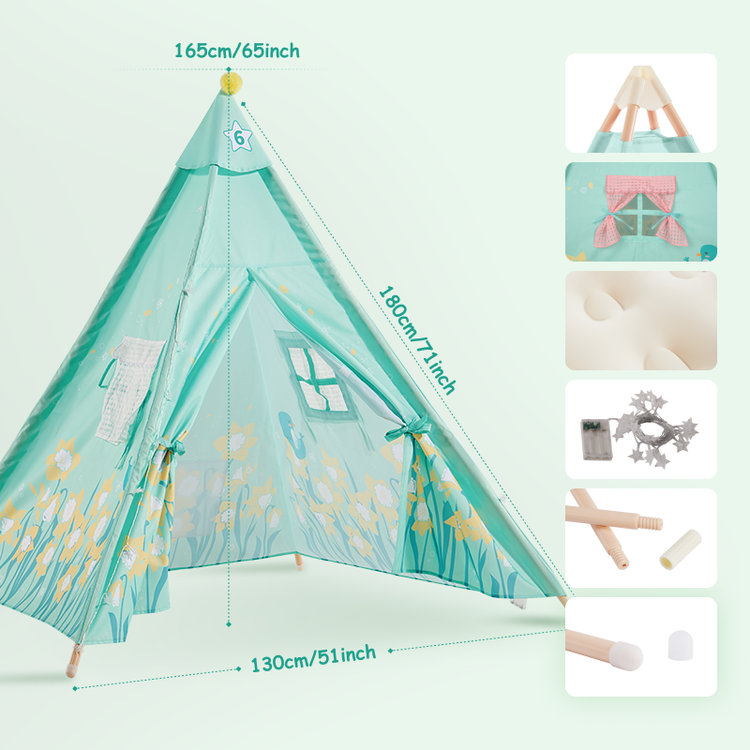 Product size drawing and accessories detail drawing of the
green kids' tent.