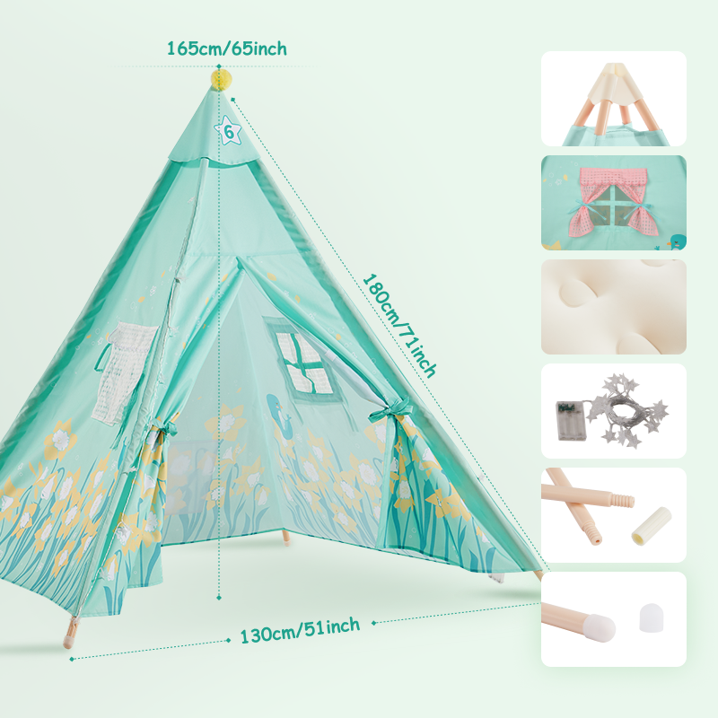 Product size drawing and accessories detail drawing of the
 green kids' tent.