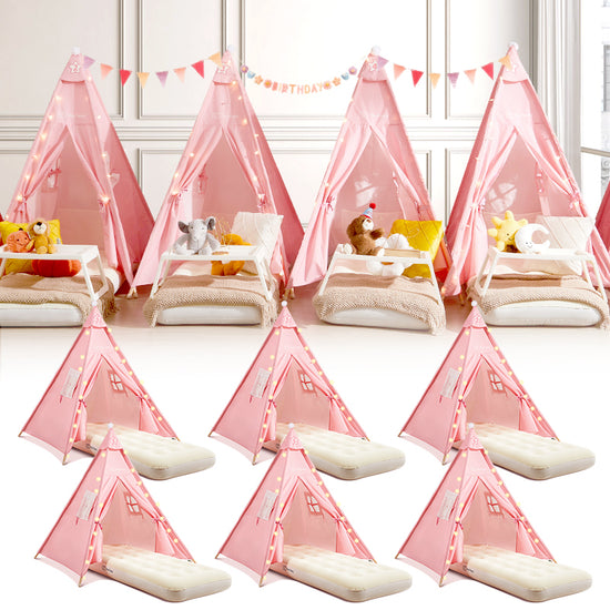 Side view and scene of a set of 6 pink kid's tents.