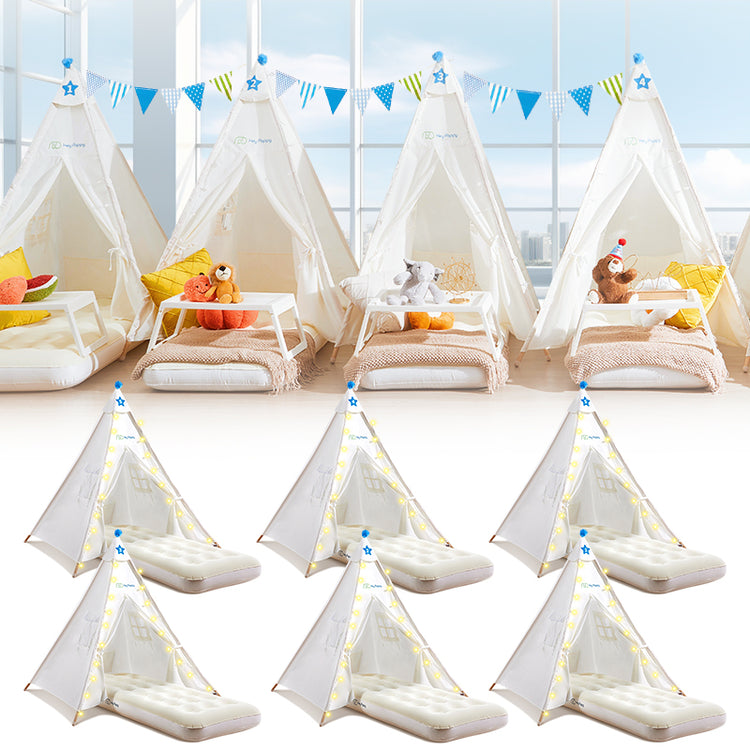 Side view and scene of a set of 6 white kid's tents.